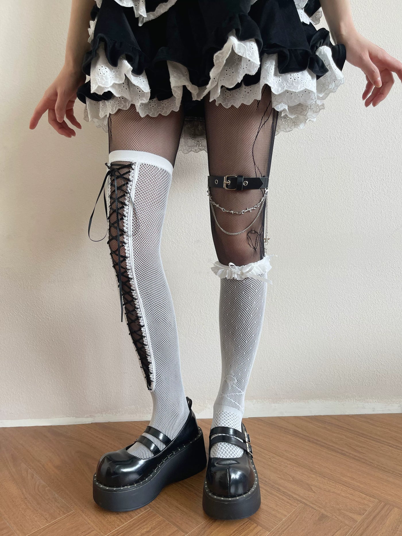 Sock Noble - Dark Gothic Layers - Black-and-White Lace Legwear with Straps