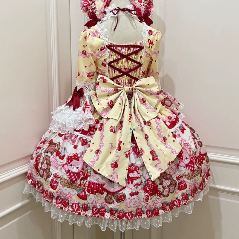 Tiantian - Strawberry - Long-Sleeved OP Dress with Lace Bows