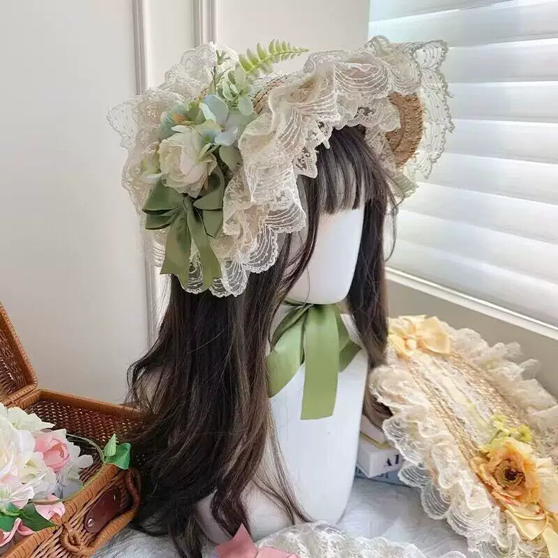 Fantasy Doll - Green Garden Lace - Flat straw hat with floral trim