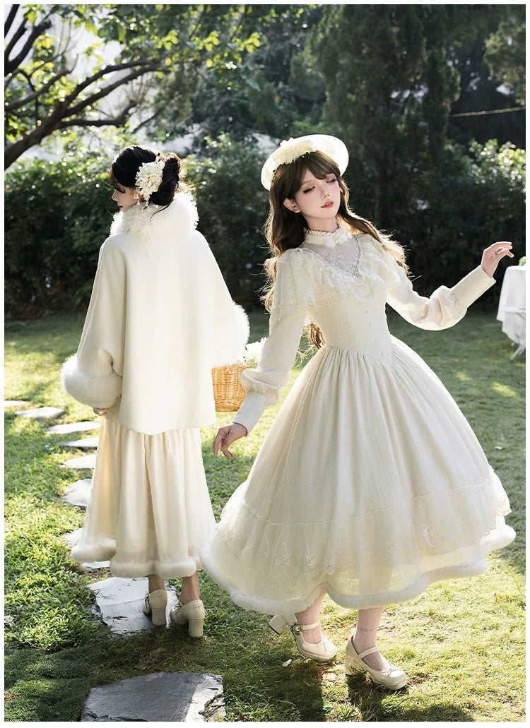 With PUJI - Winter Island Memory - Elegant Lolita Winter Coat & OP Dress Set