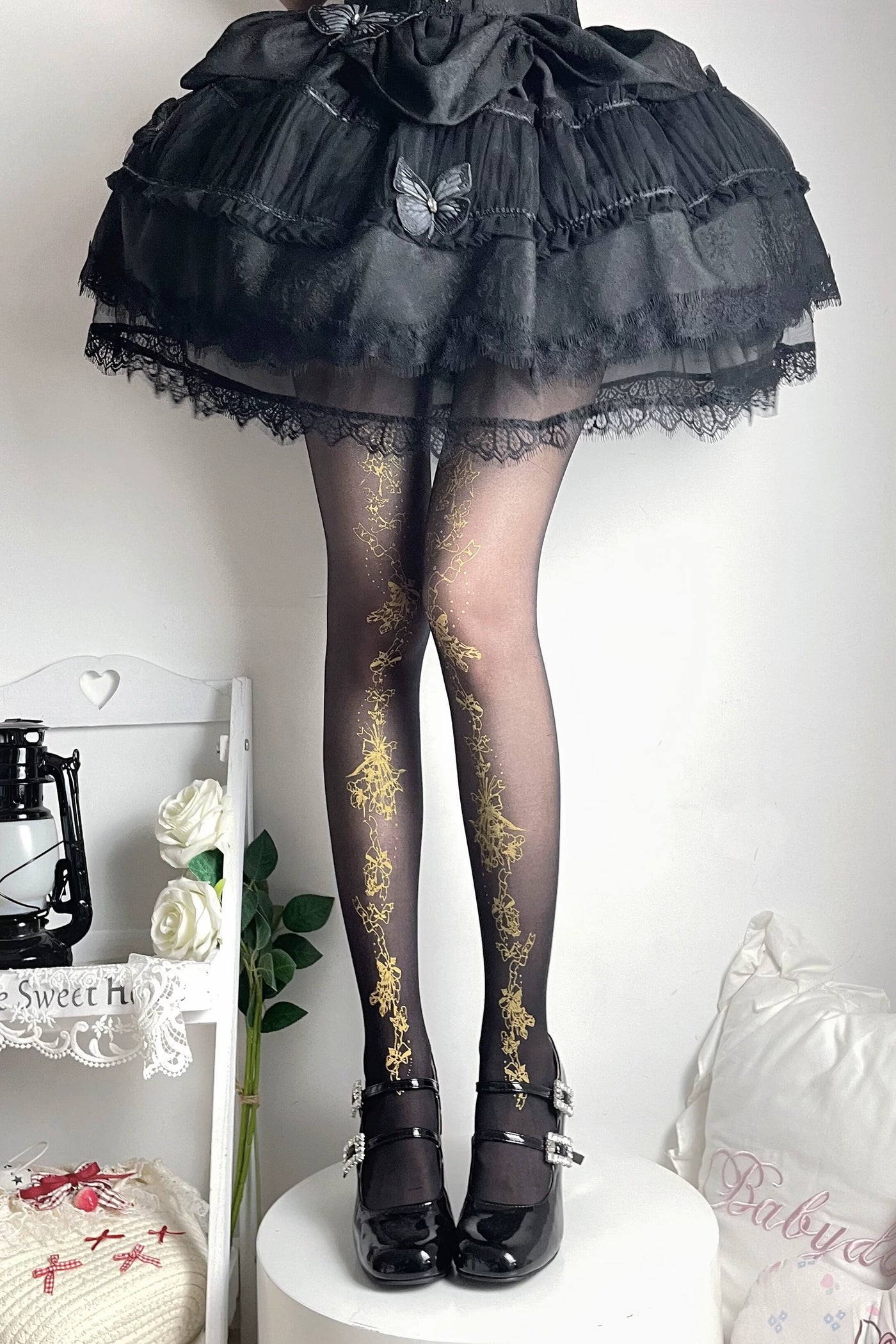 Fantasy Doll - Decorative Hosiery - Patterned Pantyhose with Foil and Bow Motif Options