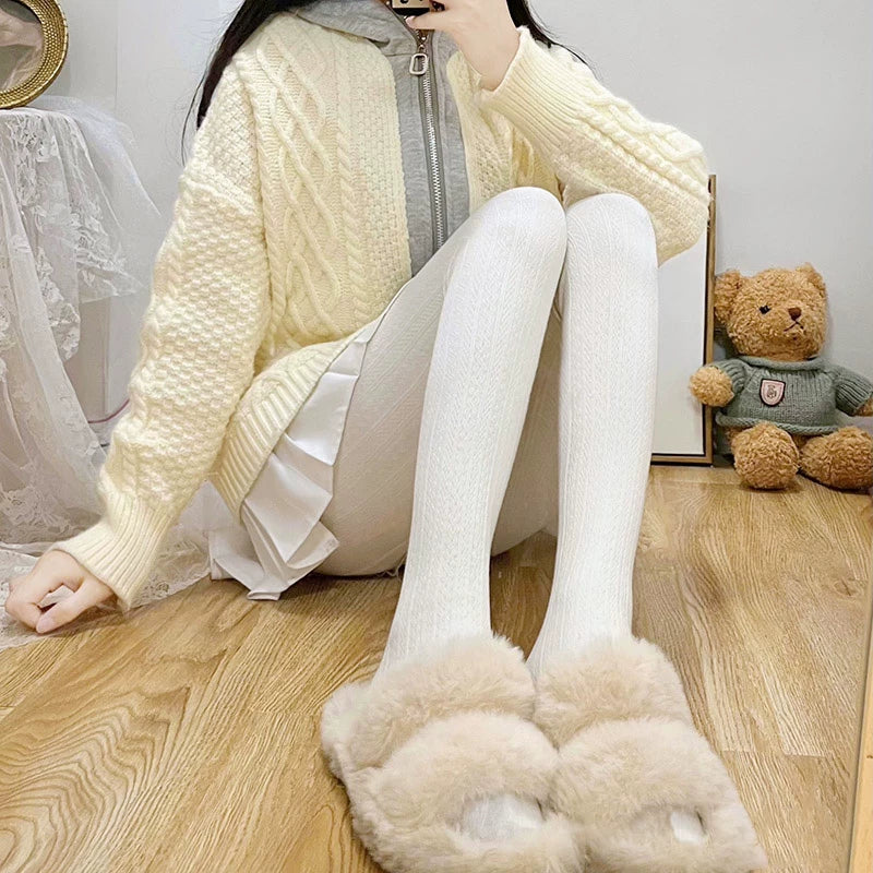 Floral Milk Cat - Cable Texture - High-Waisted Tights with Vertical Cable Texture