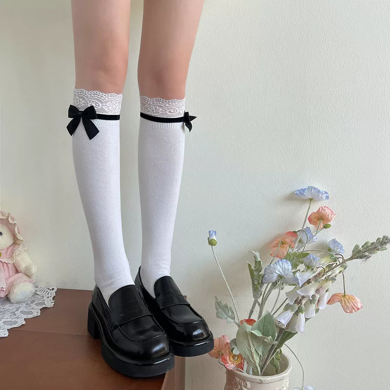 Sock Noble - Lace Bow - Cotton Mid-Calf Slouch Socks with Lace Cuffs