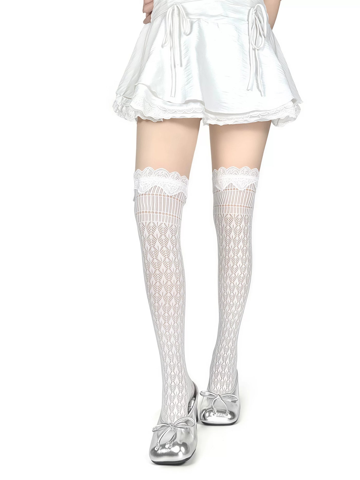 White Socks - Scalloped Lace - Mesh Long Socks with Scalloped Lace Cuffs