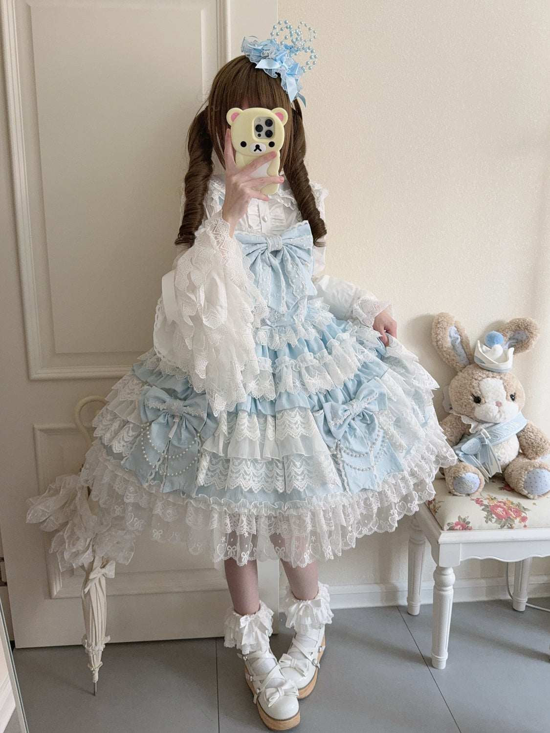 Hanguliang - Cross Heart Knot - Sweet Lolita JSK Suit Tiered Ruffles Dress, Lace Blouse