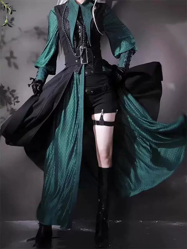 Creamy - Gothic Prince - Green Long Vest and Long Shirt Set with Layered Panels