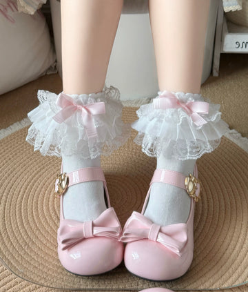 Fantasy Doll - Lace Bow - Mid-Calf Socks with Layered Lace Cuffs