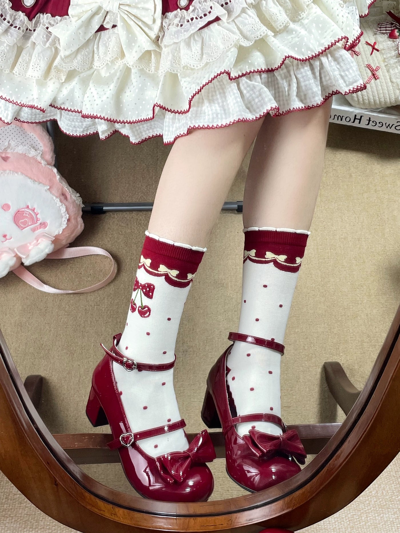 Fantasy Doll - Bear and Strawberry - Combed-Cotton Mid-Calf Socks with Printed Motifs