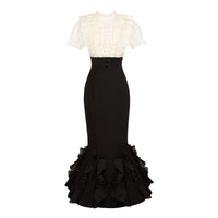With PUJI - Miss Laura: Short-sleeve Mermaid - Lolita OP Dress, Boned Bodice Detail - Natural black short sleeve dress, in stock / S
