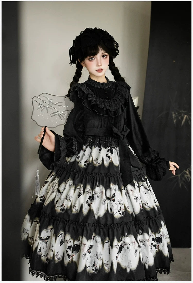 With PUJI - Dead Leaf Butterfly - Gothic Lolita JSK & OP Dress Set, Butterfly Print