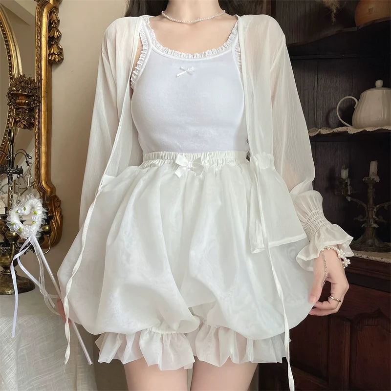 Casual Lolita Bloomers, Solid Color Organza Shorts White One Size