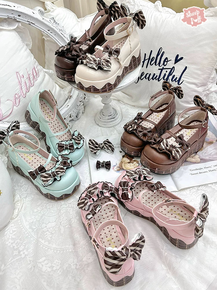 Sheep Puff chocolate platform Lolita shoes with puffed design and detailed straps, stylish footwear for fashion enthusiasts.