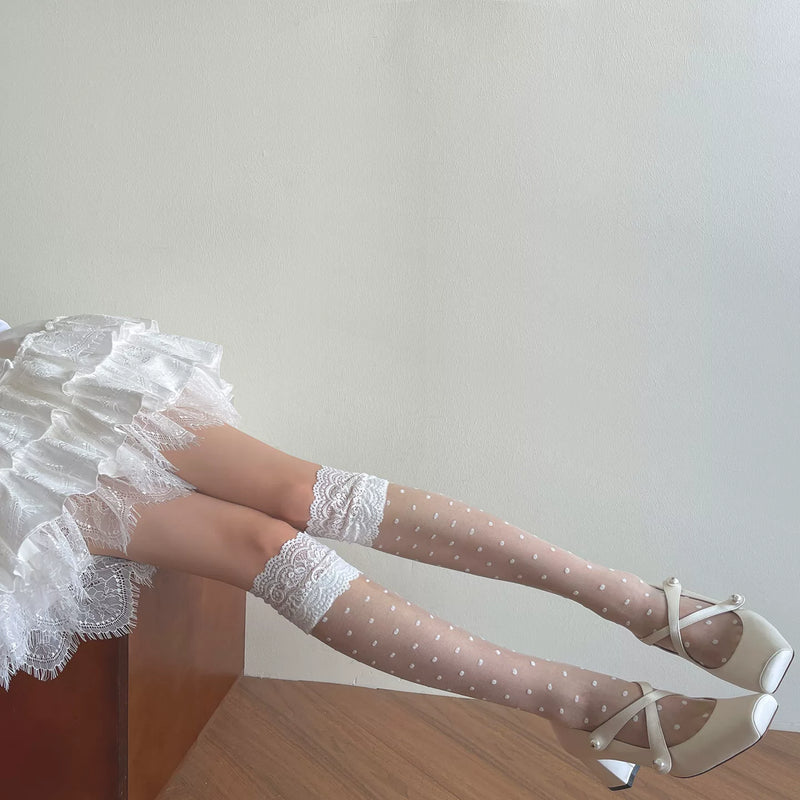 Sock Noble - Fresh Polka Dot - Lace-Trimmed Polka-Dot Mid-Calf Socks