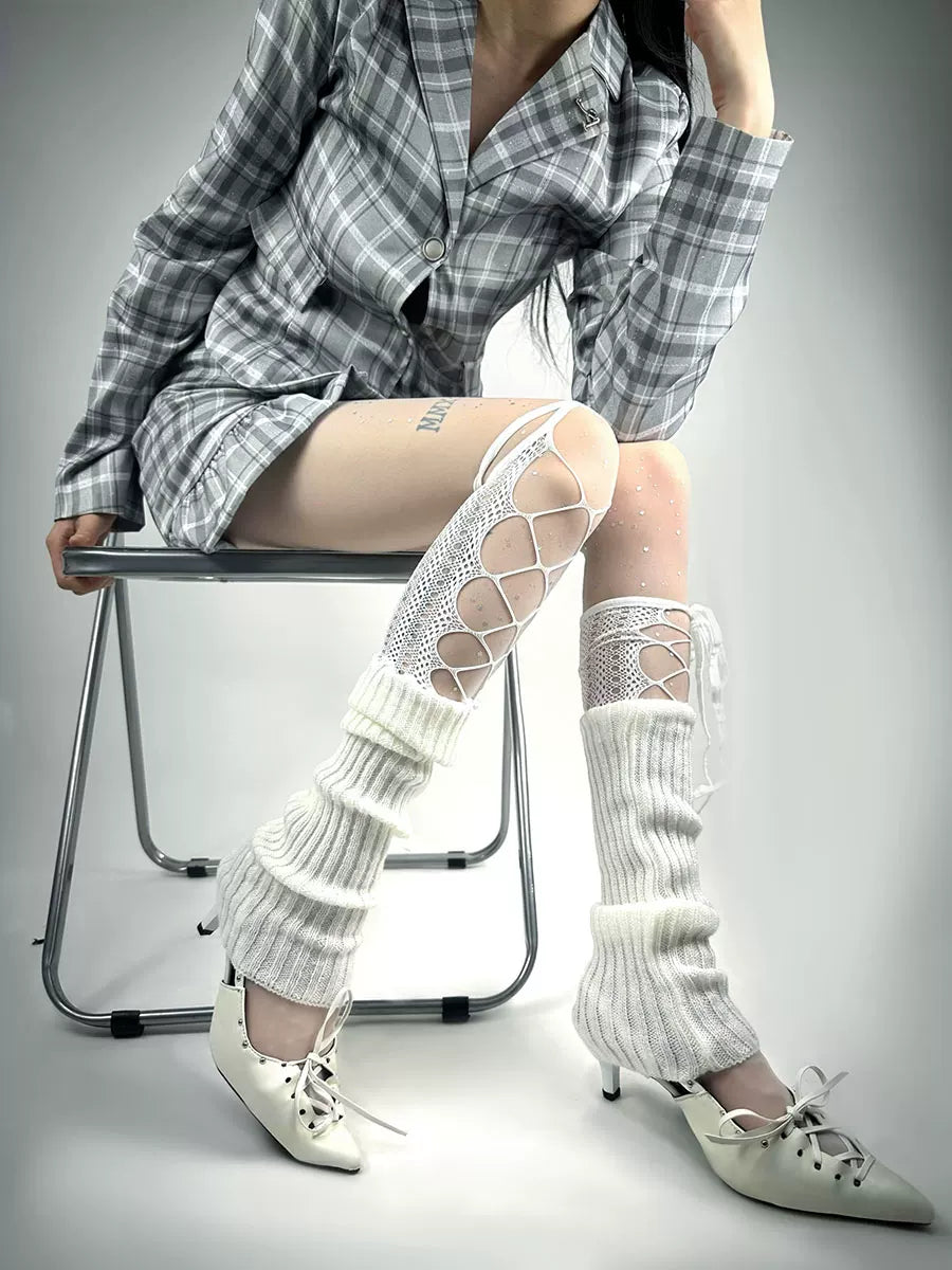White Socks - Ballet Knit - Knit Slouch Socks with Fishnet Lace-up Panels