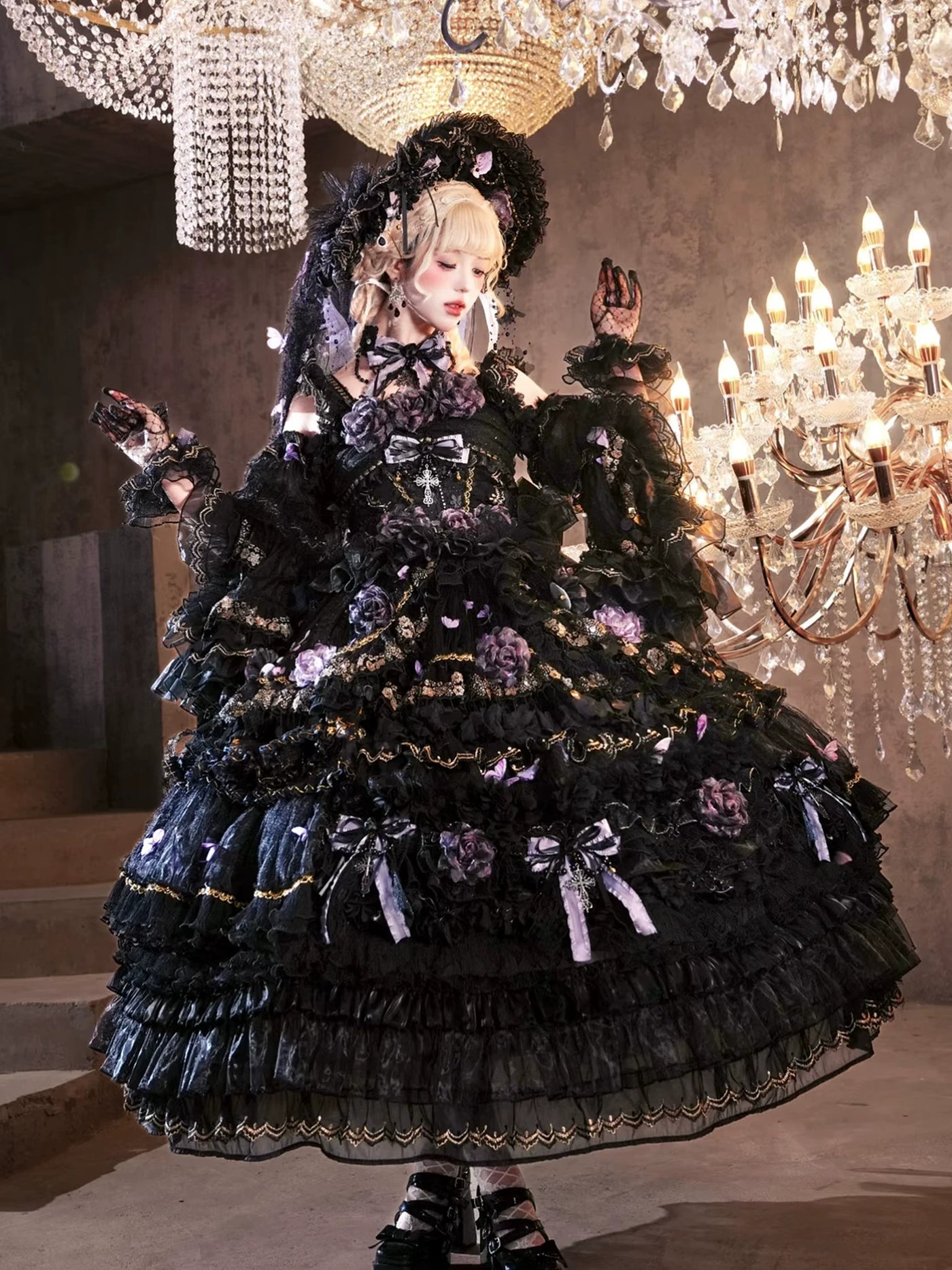 Cat Fairy - Moonlit Butterfly Dance - Black-Purple Gothic Lolita Jumper Skirt with Butterfly Motifs