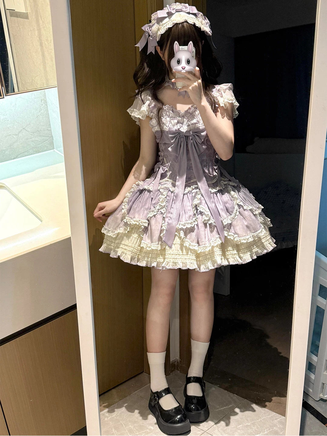 Creamy - Doll Ballet - Purple Lolita dress with layered lace and a large front bow