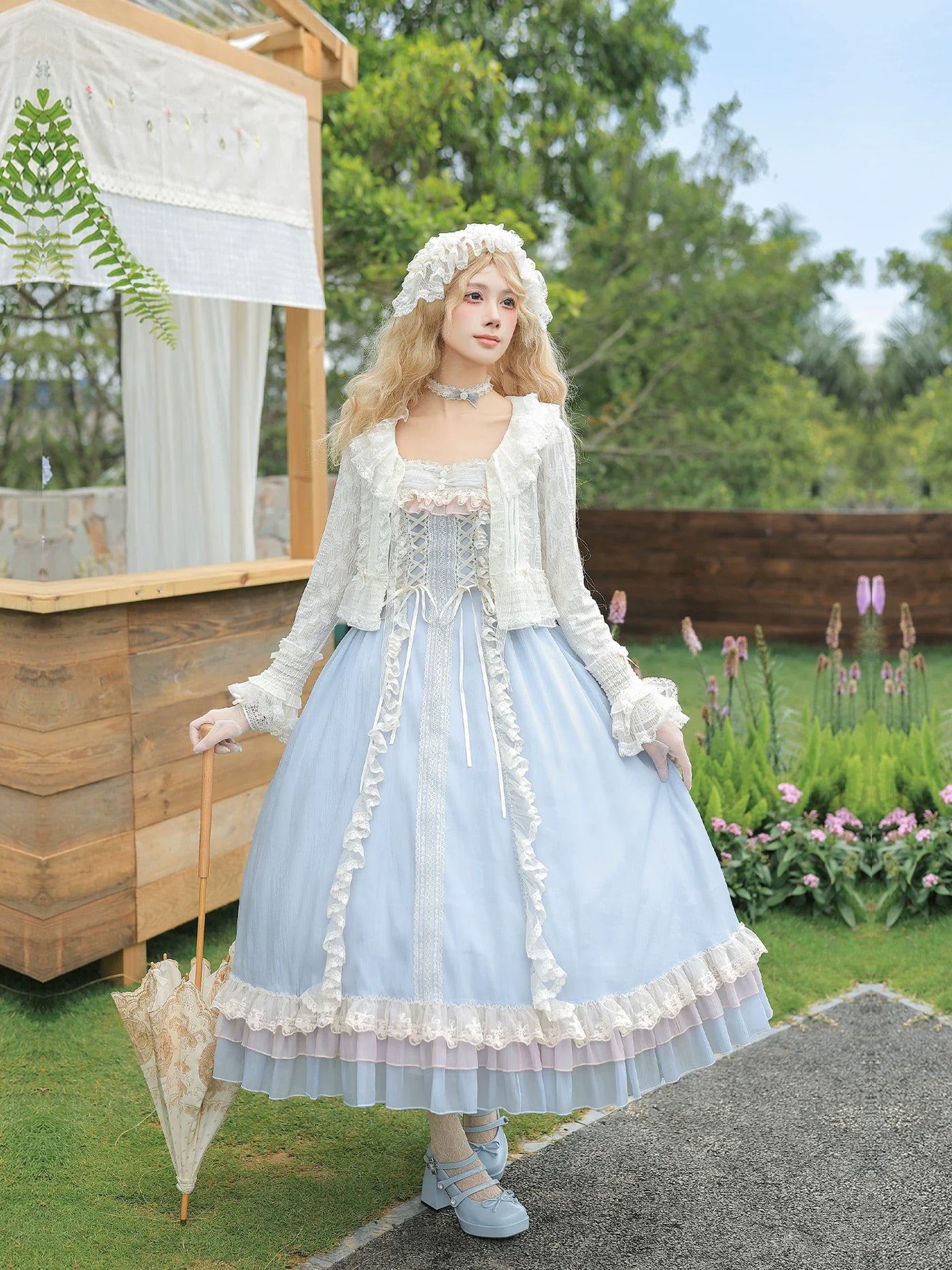 With PUJI - Island Diary - Classic Lolita Flutter Sleeve JSK Dress, Ruffled Lace