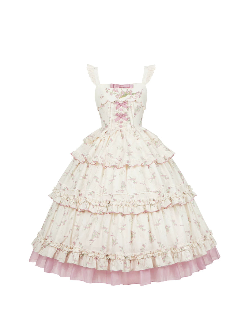 With PUJI - Fragrant Reminiscence - Classic Lolita Embroidered Collar Dress, Bellflower Print detail view 5