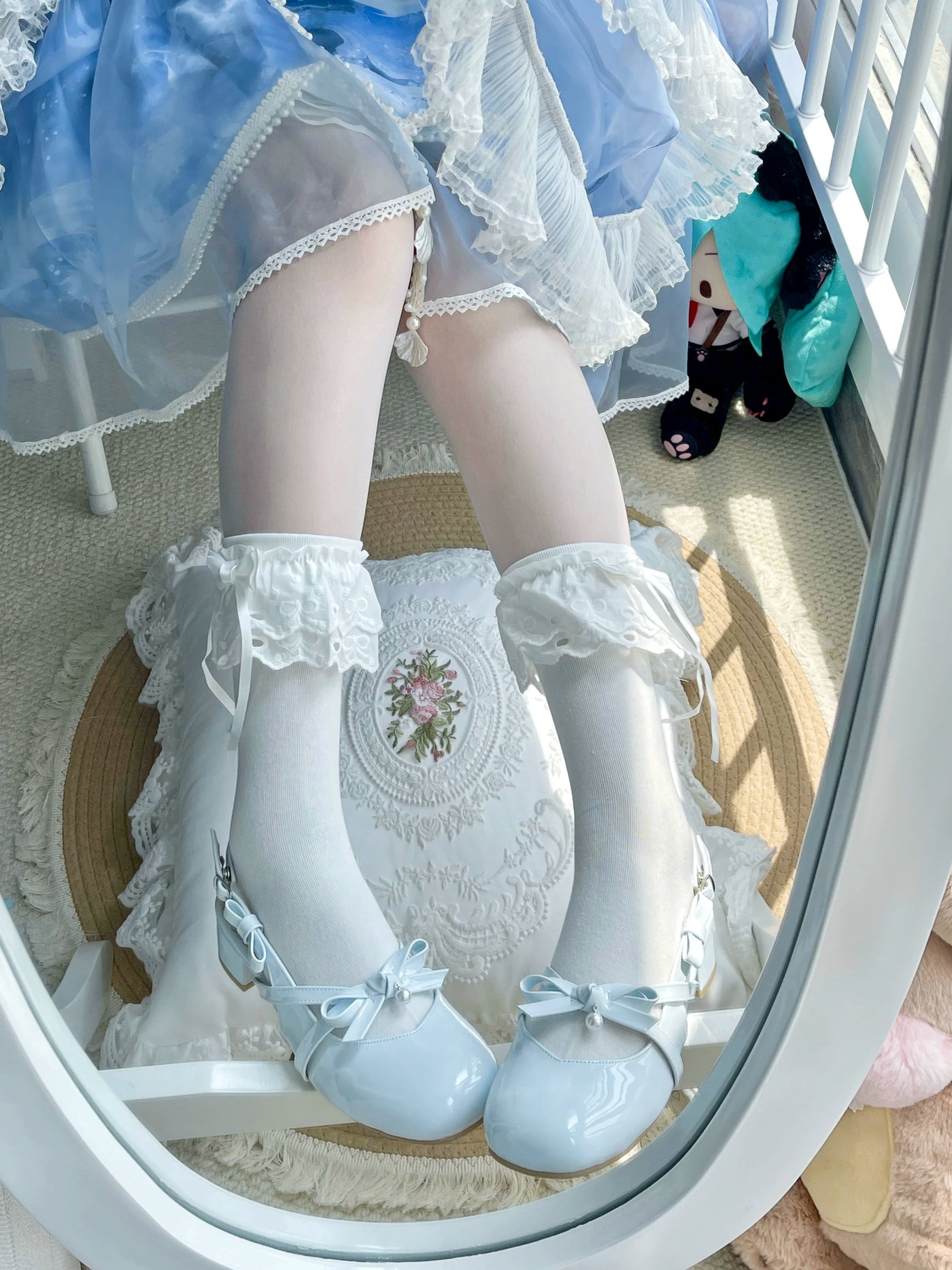 Fantasy Doll - Blue Ribbon - Mid-Calf Socks with Lace Bows