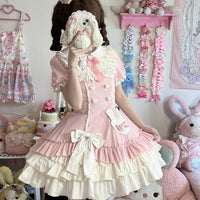 Zhijinyuan - Cream Bud - Puff-Sleeve OP Dress with Lace and Bows - Pink OP / M