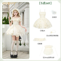With PUJI - Moonlight Variations - Lolita JSK Dress, Ruffle Trim & Boned Bodice Detail - Short JSK 5-piece set (short JSK + hair clip + pearl necklace + shawl + 2-way headband veil) In stock / S