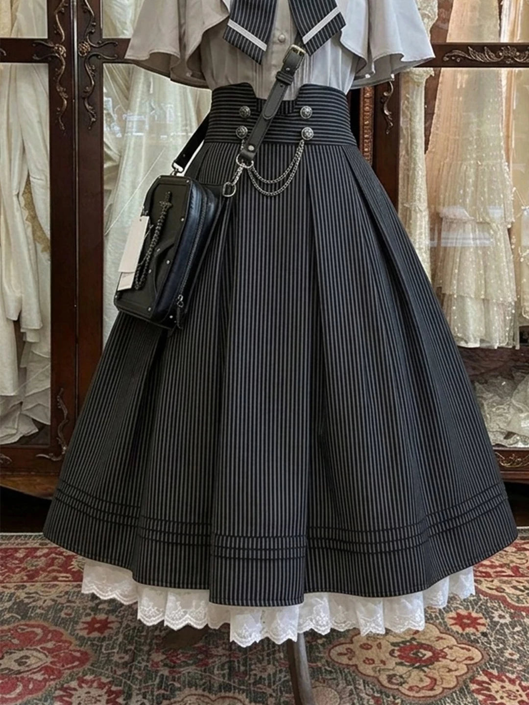 Creamy - Vintage Heiress - Blouse and High-Waisted Skirt Set with Pinstripes