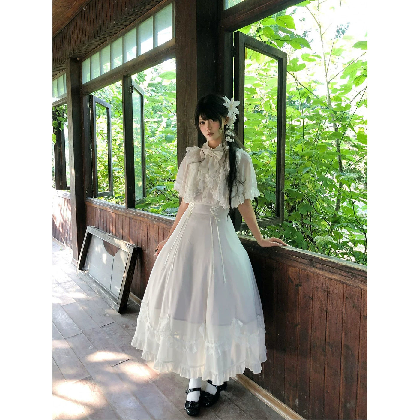 Creamy - Lace Cape - White Lolita Dress with a Lace Cape Overlay