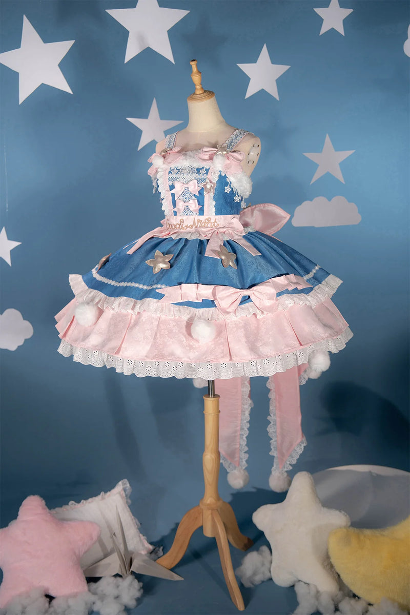 Good Night blue JSK on a mannequin with stars, bows and pink ruffles