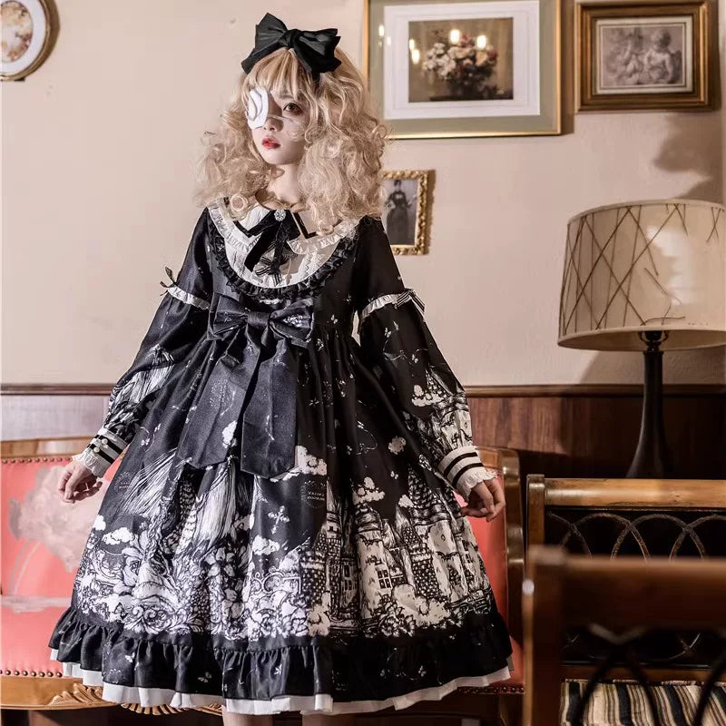 Lady Han Castle Night Gothic Lolita dress with intricate lace and ruffled details, styled for a dark, elegant gothic look.