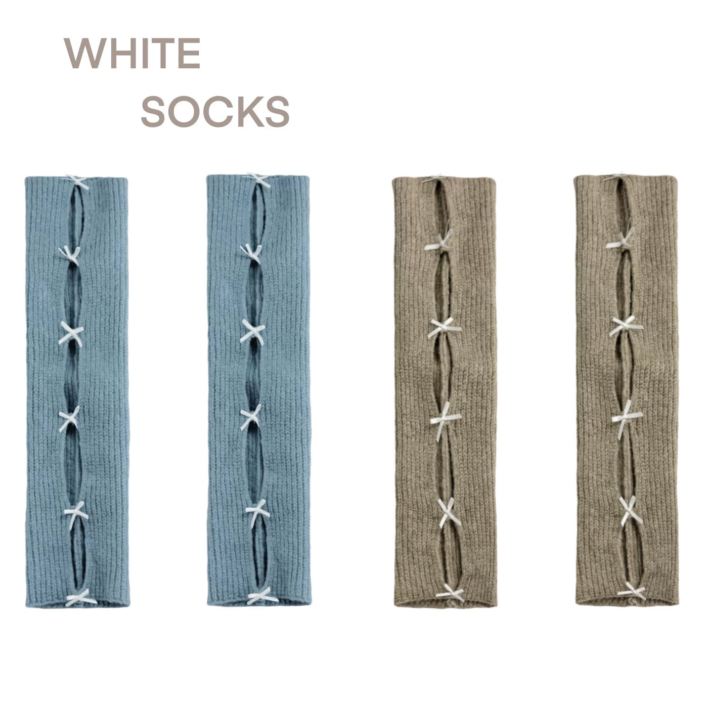White Socks - Ballet Bow - Ribbed Cutout Leg Warmers with Ribbon Bows
