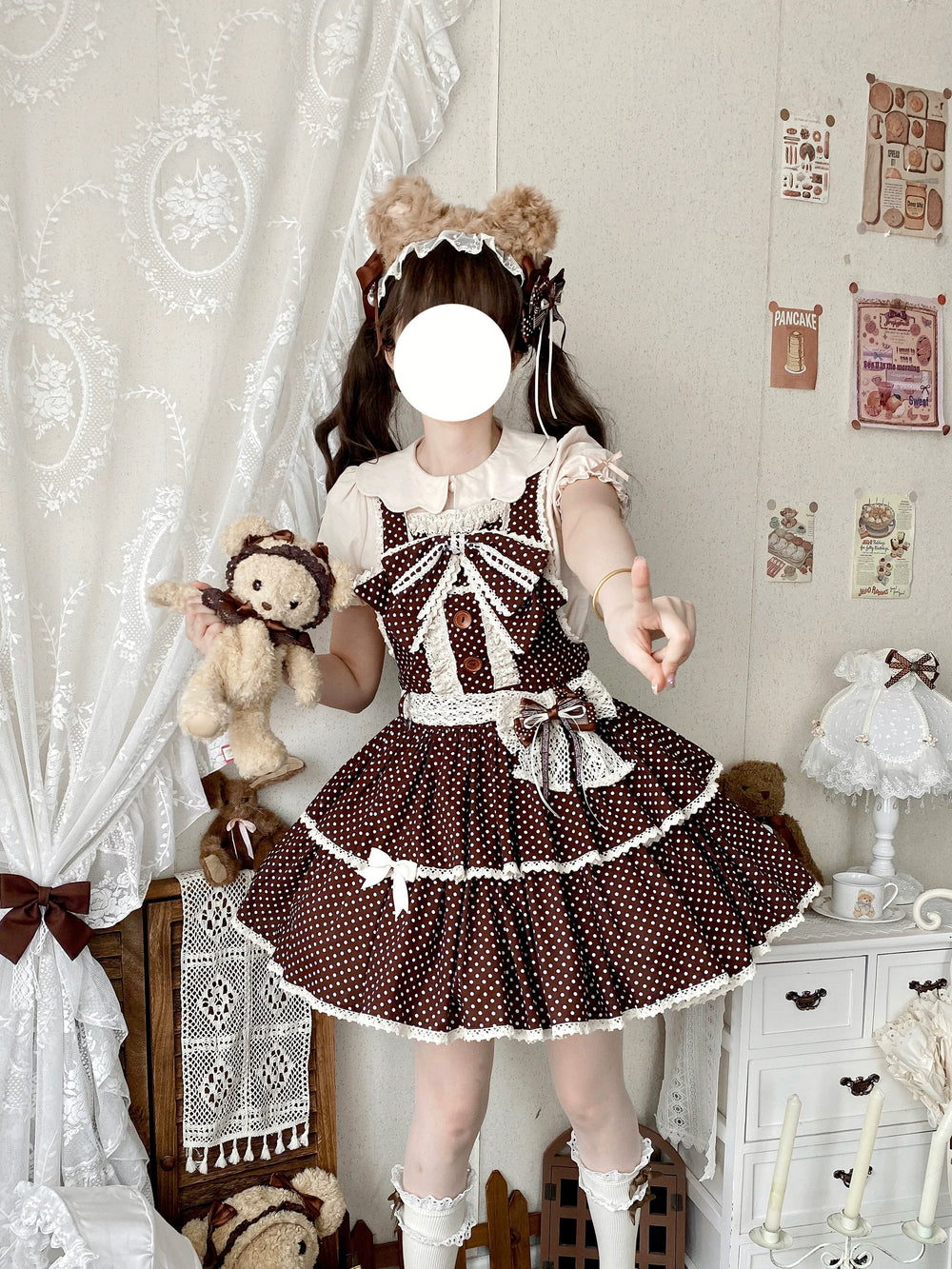 Small polka dot Sweet Lolita jumper skirt in polka dot brown with cream lace trim and tiered skirt