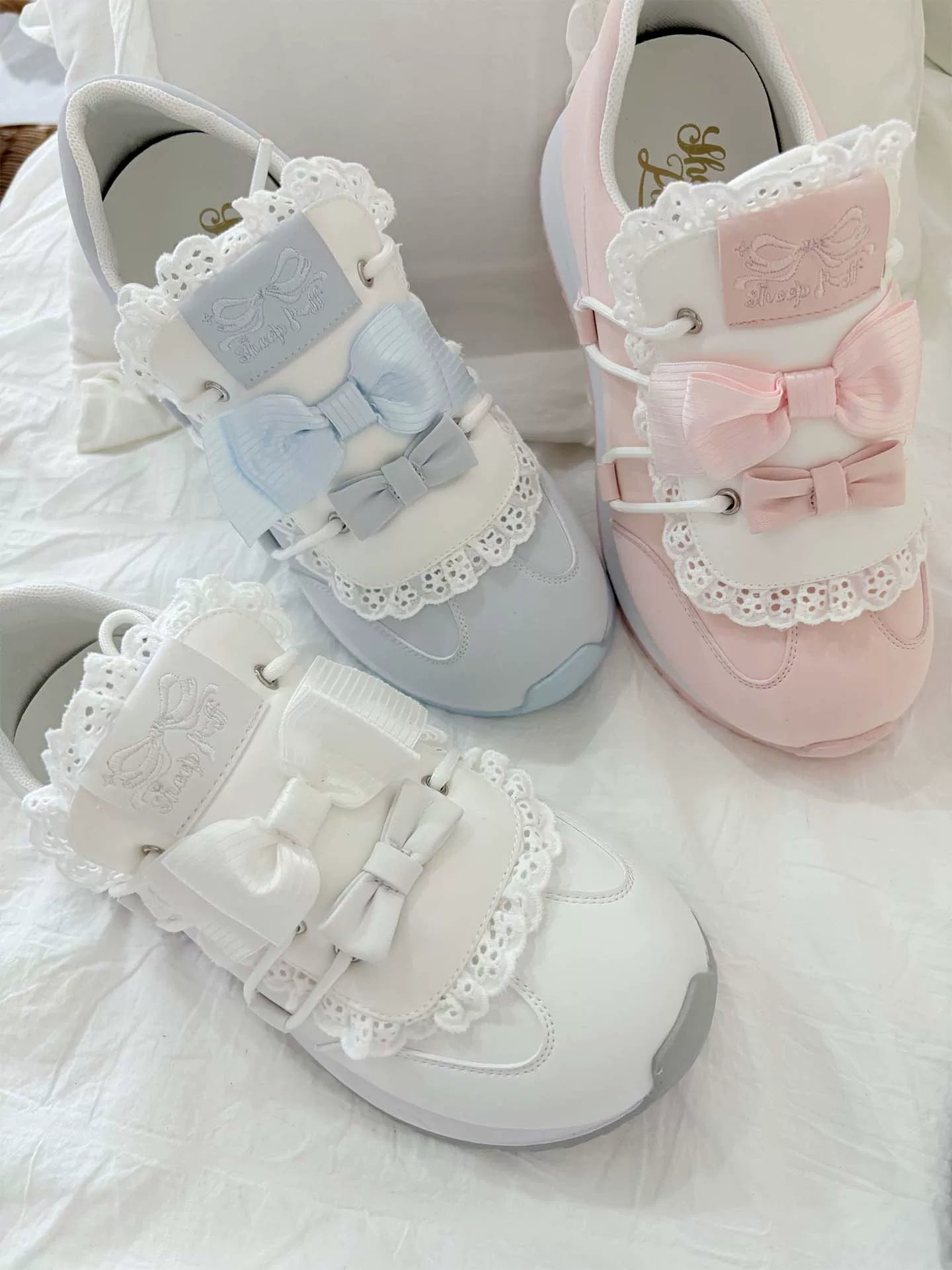 Sheep Puff Thousand Bow Lolita Sneakers featuring cute sheep puff design and multiple bows, stylish shoes for Lolita fashion.