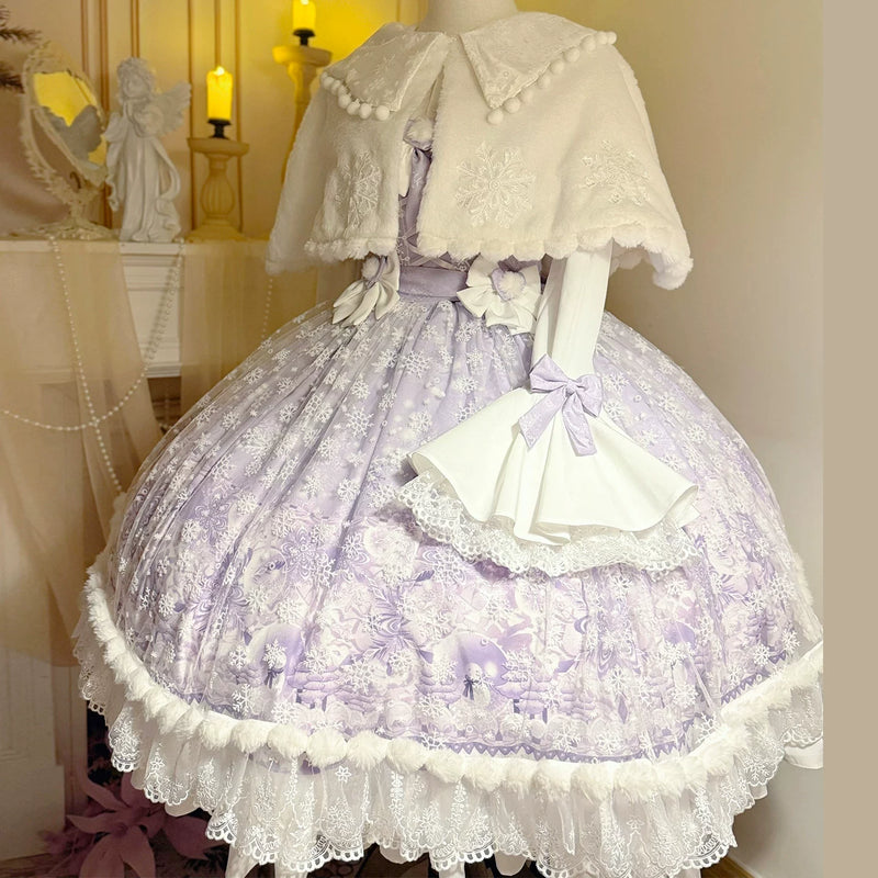 Yanran Floral Lolita JSK & Coordinating Layers — Purple Full Set with White Faux-Rabbit-Fur Shawl