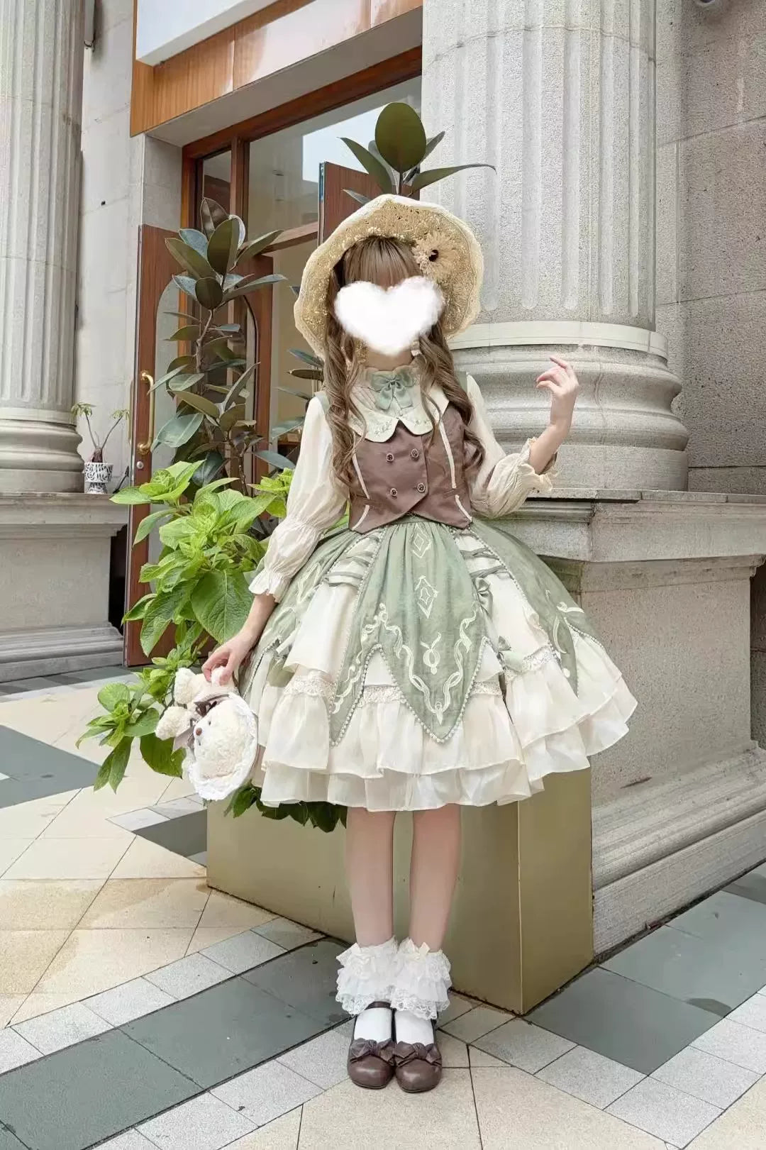 Creamy - Meadow Green - Green Three-Piece Set with Vest, Shirt and Gathered Short Skirt