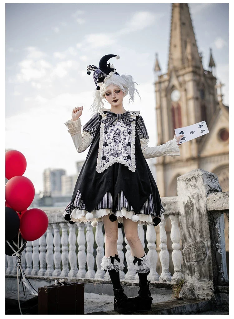 With PUJI - Puppet Mask - Clown Inspired Gothic Lolita OP Dress, Loose Fit