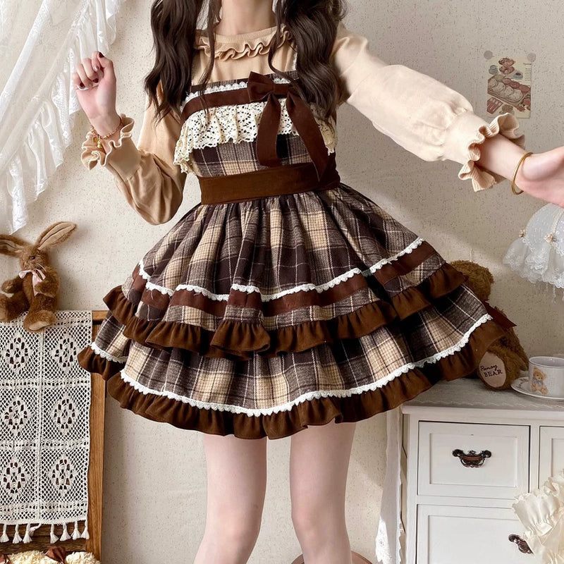 Thousand Wood - Caramel Cocoa - JSK with Brown Plaid Tiers and Ruffle Trim