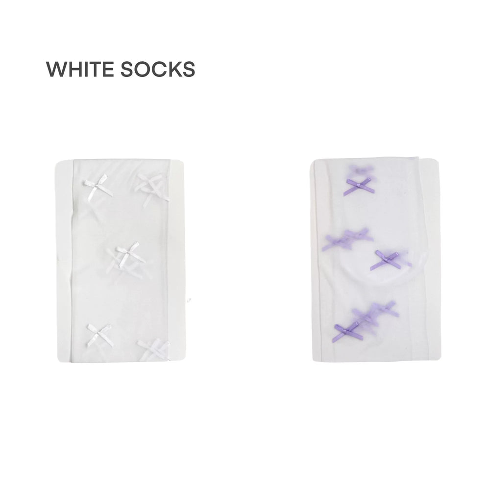 Sheer white Lolita tights with white bow appliqués, footed design