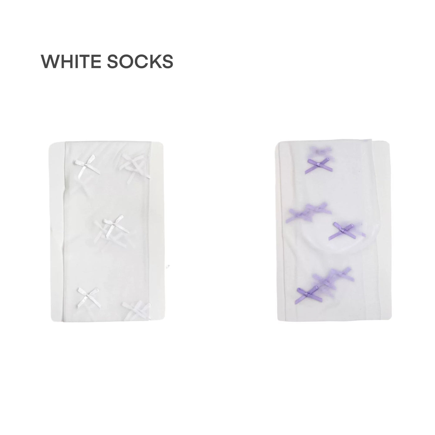 Sheer white Lolita tights with white bow appliqués, footed design