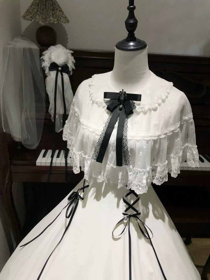 Sweet Dream Overture - Snowfall and Sea - White Lace OP Dress with Black Ribbon Accents