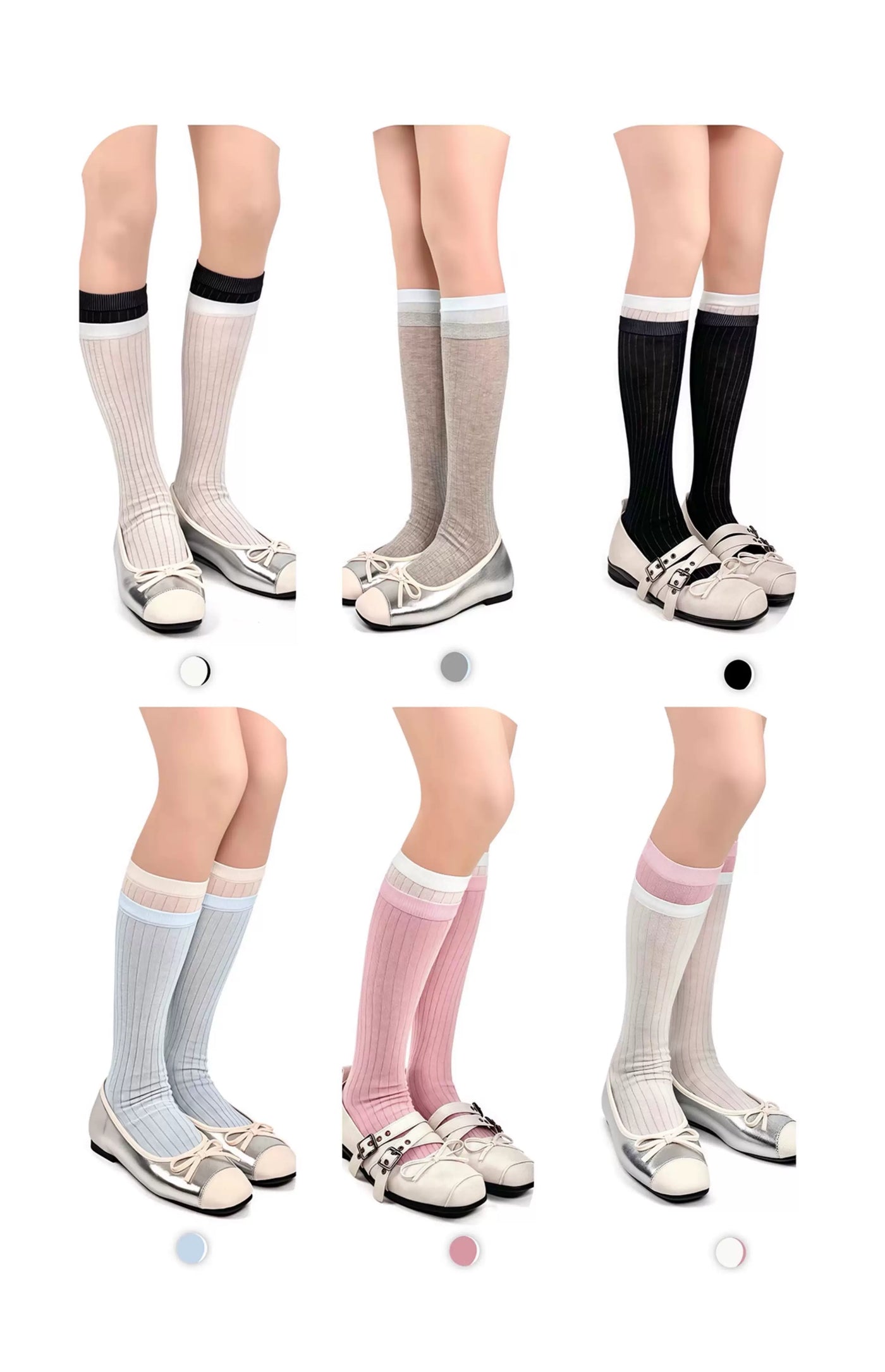 White Socks - Ballet Rib - Mid-Calf Socks with Double-Rib Contrast Cuffs