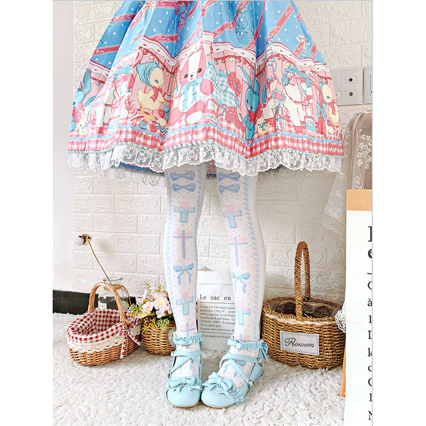 roji roji - Sweet Redemption - Printed Velvet Over-the-Knee Socks with Bow and Cross Motifs