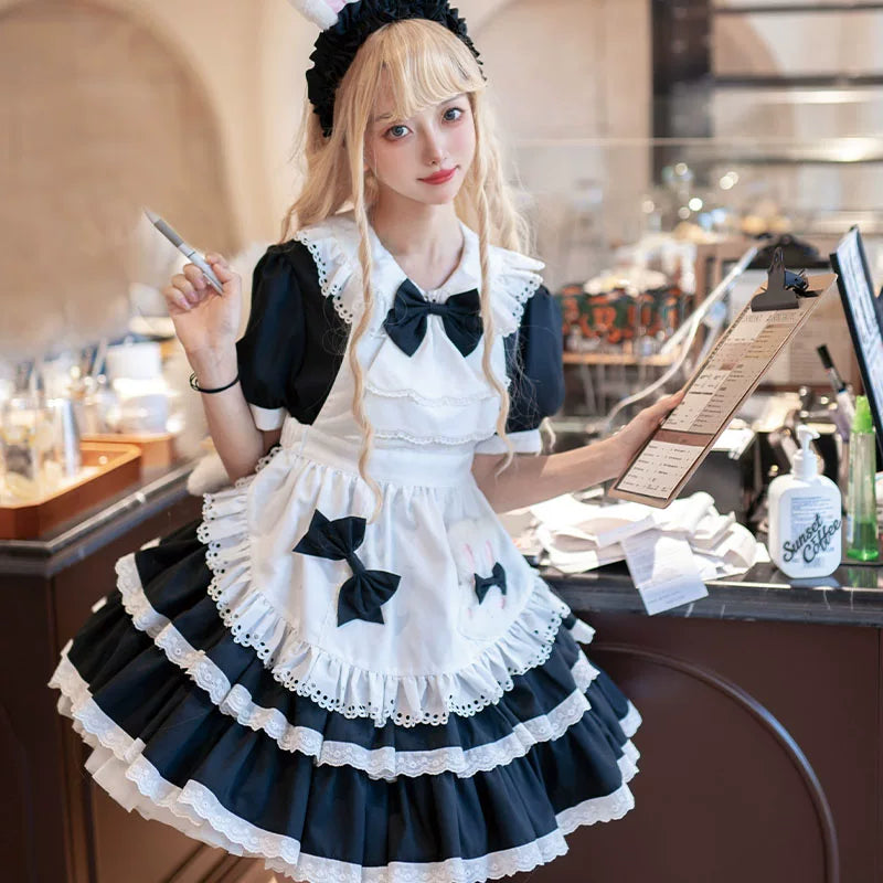 Leopard Cat OP Maid dress by Lolita Fetch featuring a cute leopard print and classic maid costume design.