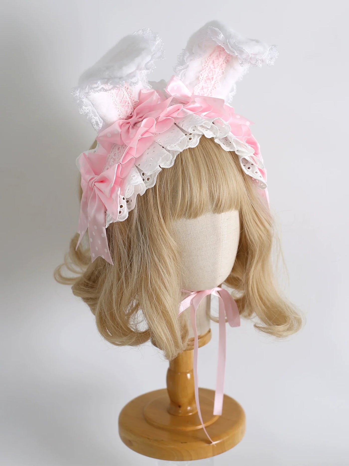 Xiaogui - Sweet Lolita Polka Dot Lace Hairband - Shapeable Bunny Ears Headwear
