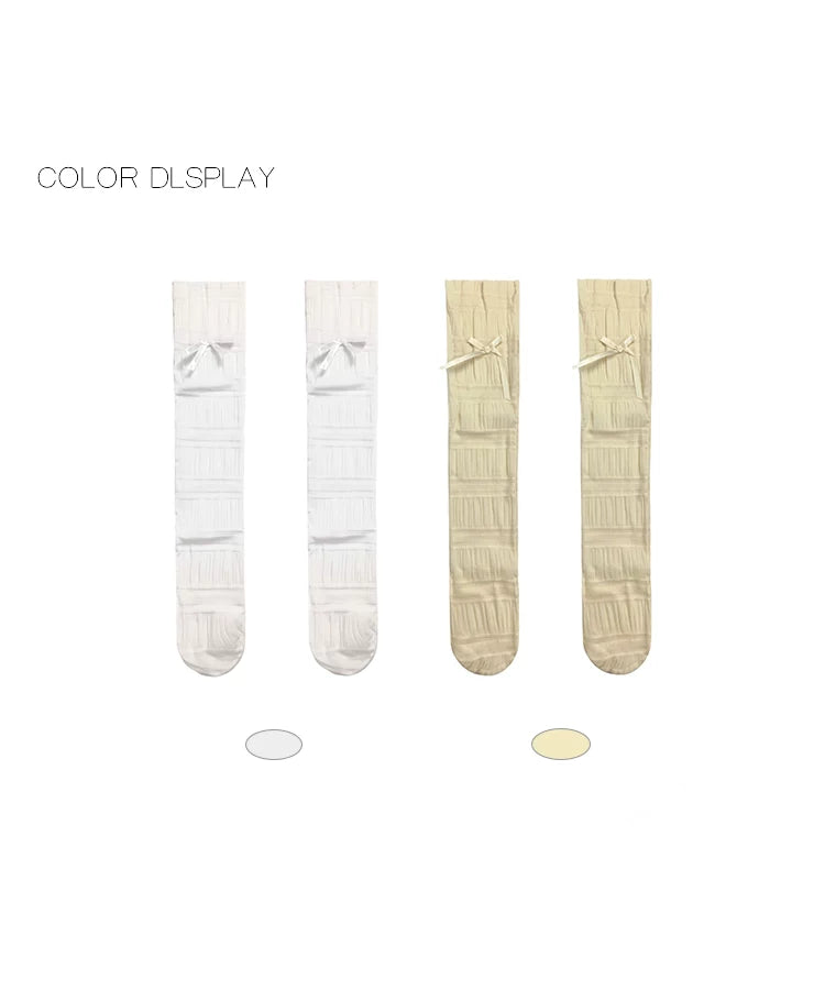 White Socks thin white and beige mid-calf scrunch socks with ribbon bows
