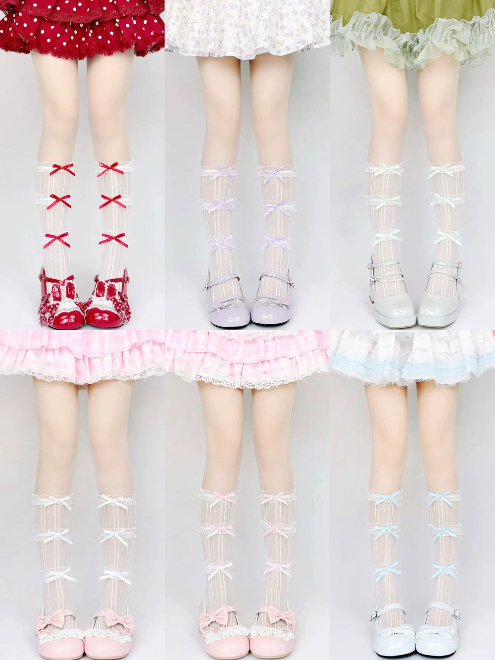 Floral Milk Cat lace-trimmed mid-calf scrunch socks shown in multiple colours