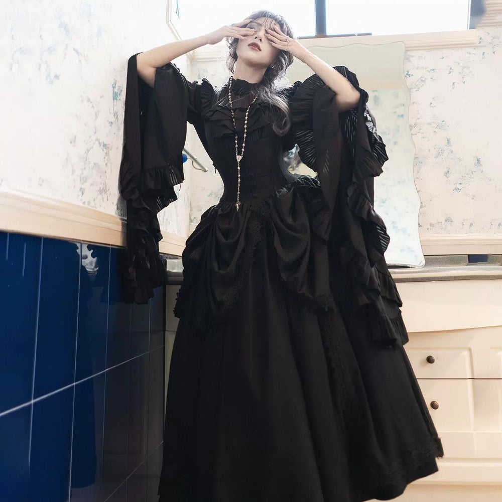 Sweetheart Dream Machine black Gothic Hime top and long skirt with wide ruffled princess sleeves.