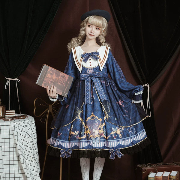 Elegant leopard cat print Lolita Fetch OP dress featuring butterfly love motif, perfect for cute, daily wear.