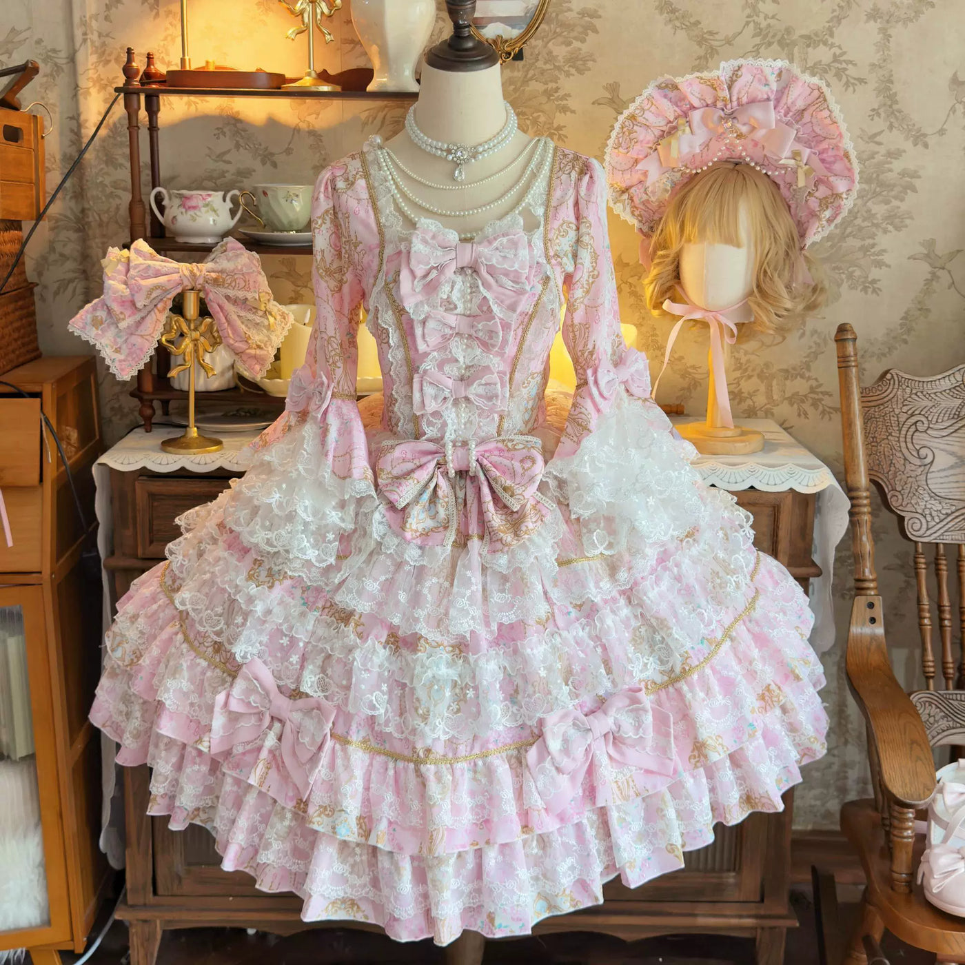Lady Han Candelabra Chapter Sweet OP dress by Lolita Fetch, featuring a pastel-colored, lace-adorned, elegant Lolita fashion style.