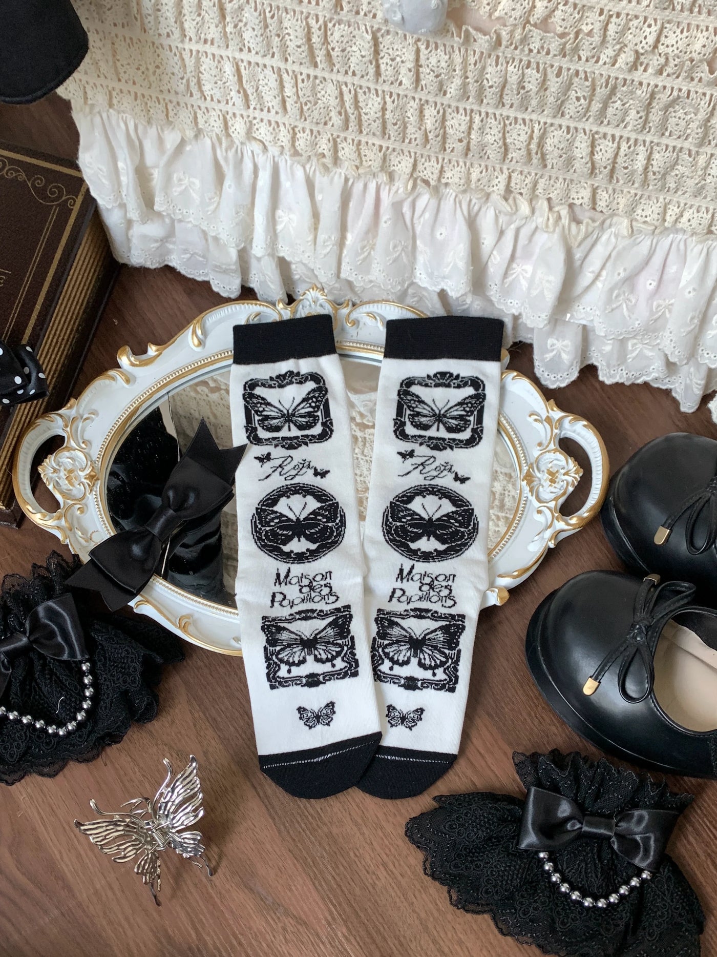 Roji Roji - Sweet Lolita Cotton Socks - Detachable Cuff Bow Trim Socks