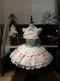 Mint Ballet Pastels - Mint-and-Pink JSK Dress with Bow Details - Mint pink skirt + large back bow + hairband + sleeve covers + neck accessory / S